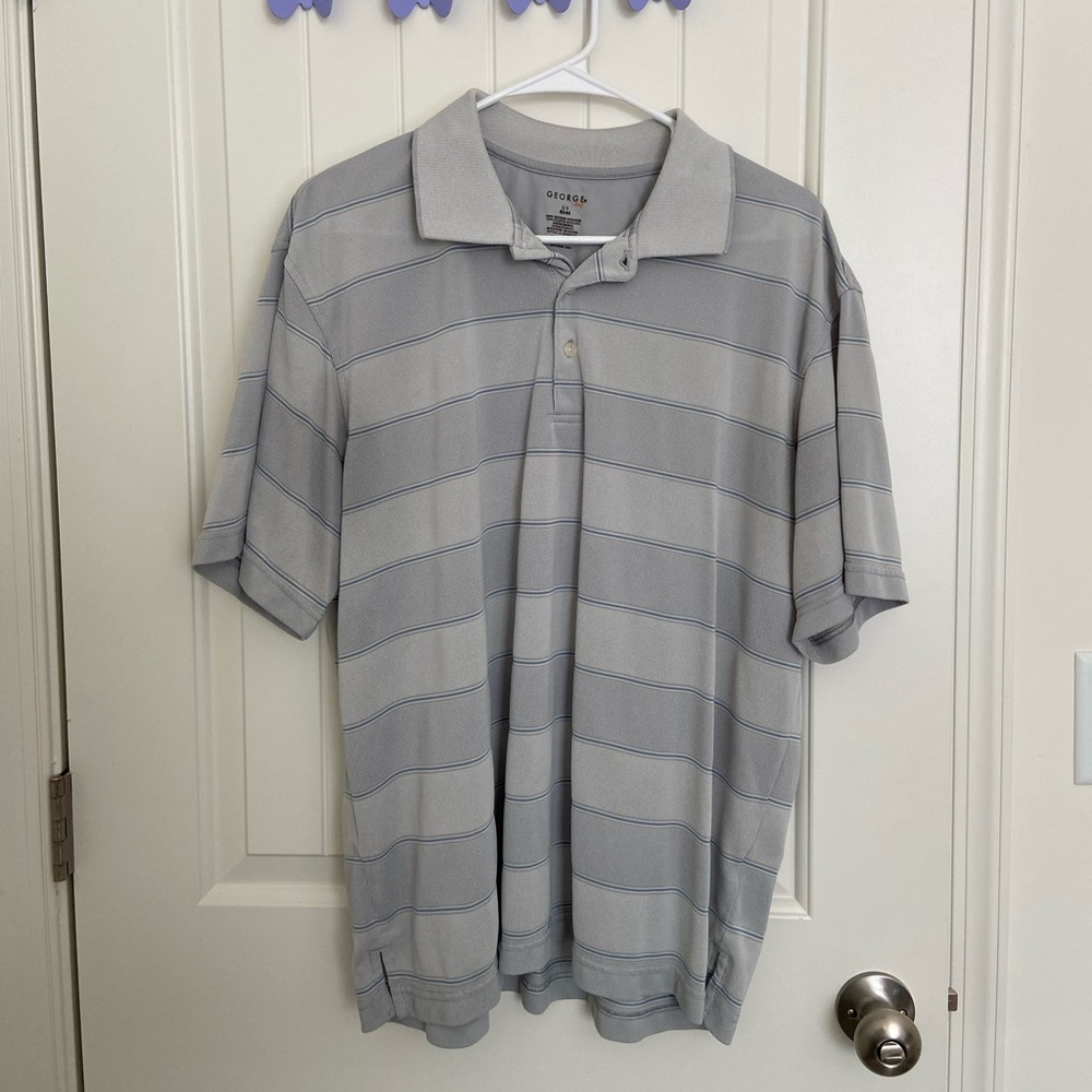 George men’s gray striped button neck polo shirt large